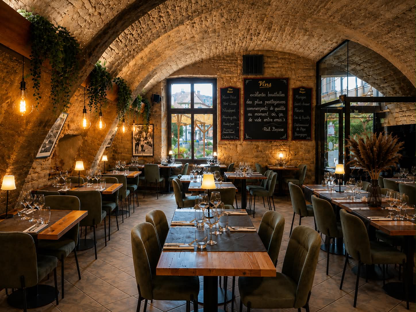 Salle voûtée en pierre du restaurant Le Petit Blanc